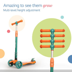 LuvLap Joy 3-Wheel Kick Scooter with vibrant orange and green design, ideal for kids, featuring LED light-up wheels for added visibility and excitement during rides." www.usmile.toys
