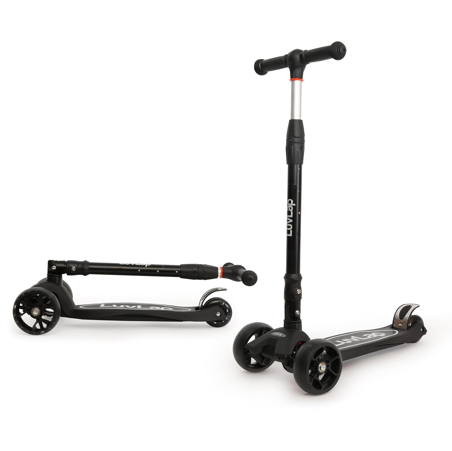 LuvLap Joy 3-Wheel Kick Scooter with vibrant orange and green design, ideal for kids, featuring LED light-up wheels for added visibility and excitement during rides.