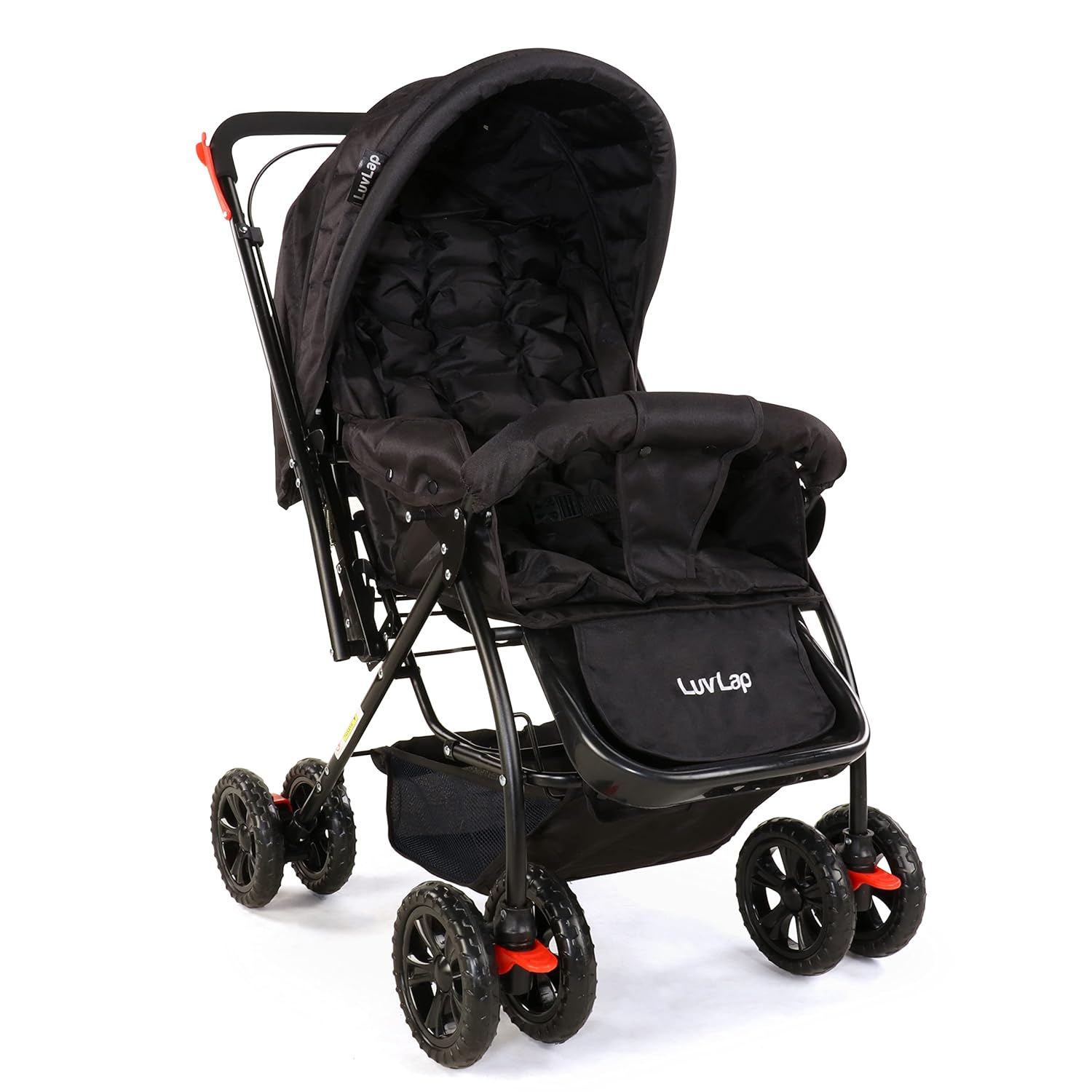LuvLap Starshine Baby Stroller in black, featuring a canopy, padded seat, and storage basket. A comfortable and safe pram for infants and toddlers on usmile.toys. www.usmile.toys