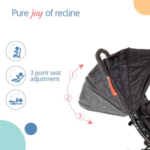 LuvLap Starshine Baby Stroller in black, featuring a canopy, padded seat, and storage basket. A comfortable and safe pram for infants and toddlers on usmile.toys. www.usmile.toys