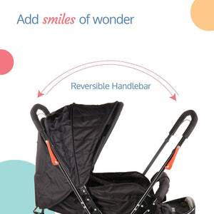 LuvLap Starshine Baby Stroller in black, featuring a canopy, padded seat, and storage basket. A comfortable and safe pram for infants and toddlers on usmile.toys. www.usmile.toys
