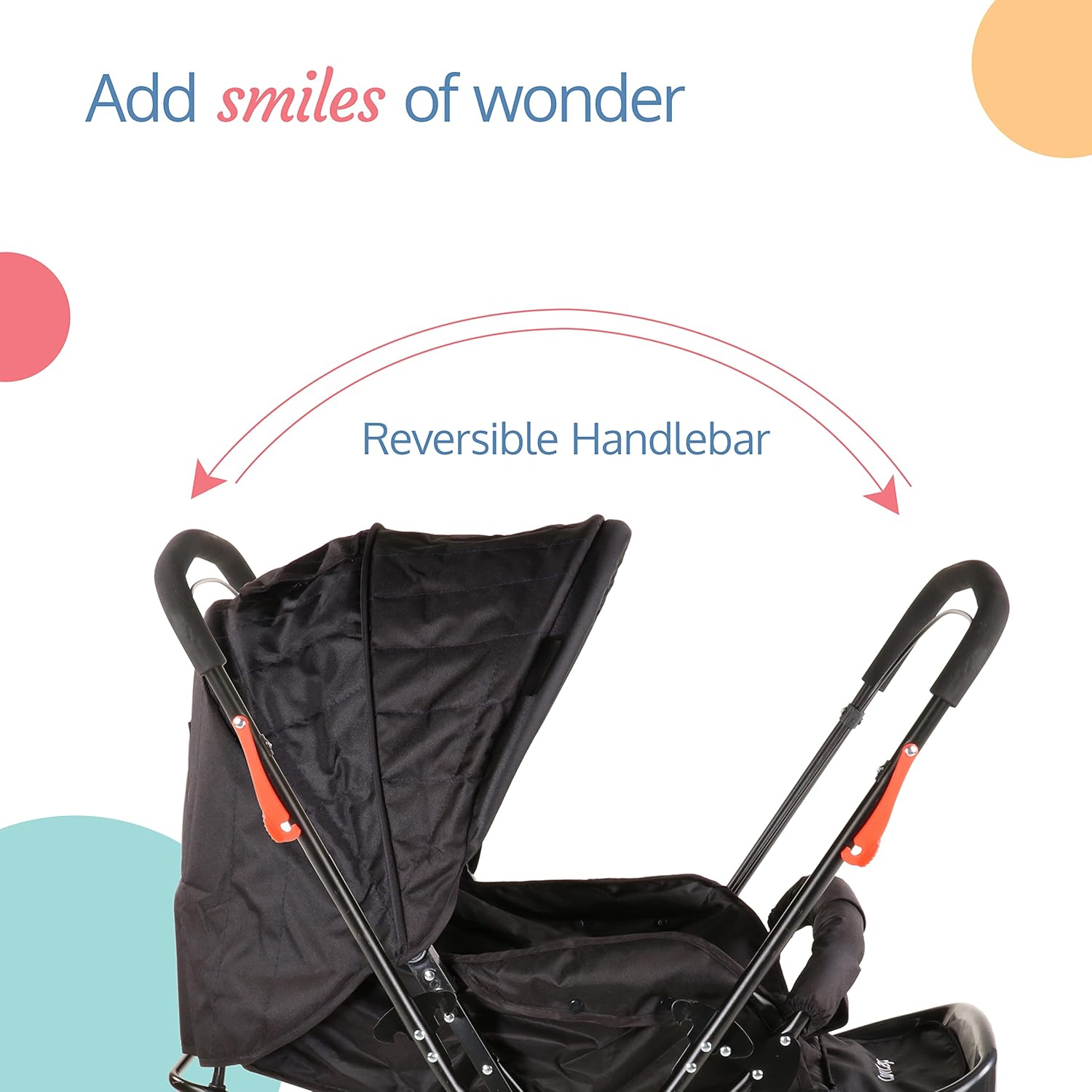 LuvLap Starshine Baby Stroller in black, featuring a canopy, padded seat, and storage basket. A comfortable and safe pram for infants and toddlers on usmile.toys. www.usmile.toys