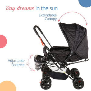 LuvLap Starshine Baby Stroller in black, featuring a canopy, padded seat, and storage basket. A comfortable and safe pram for infants and toddlers on usmile.toys. www.usmile.toys