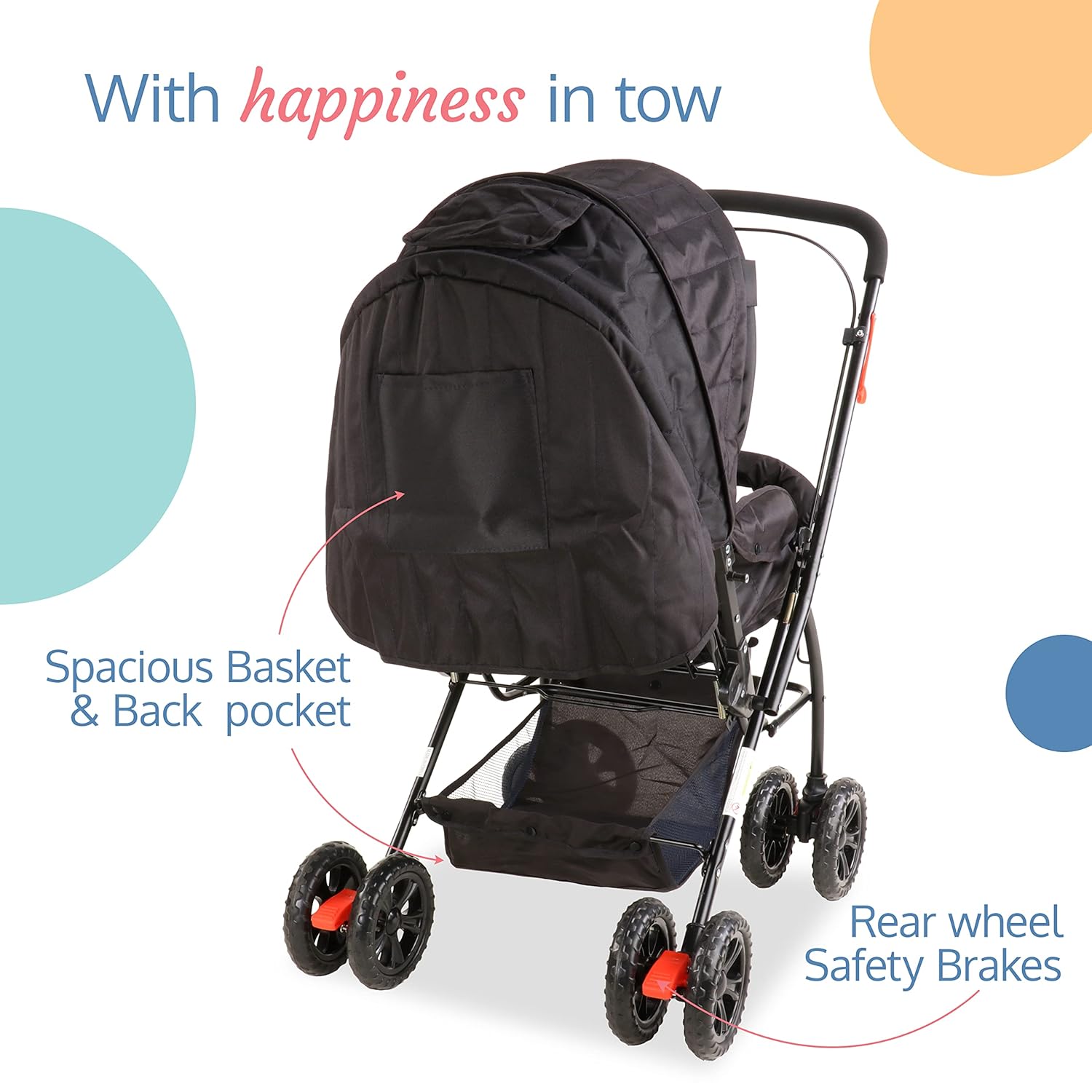 LuvLap Starshine Baby Stroller in black, featuring a canopy, padded seat, and storage basket. A comfortable and safe pram for infants and toddlers on usmile.toys. www.usmile.toys