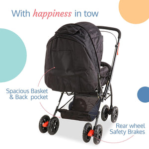 LuvLap Starshine Baby Stroller in black, featuring a canopy, padded seat, and storage basket. A comfortable and safe pram for infants and toddlers on usmile.toys. www.usmile.toys