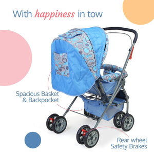 LuvLap Starshine Baby Stroller in black, featuring a canopy, padded seat, and storage basket. A comfortable and safe pram for infants and toddlers on usmile.toys. www.usmile.toys