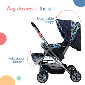 Black LuvLap Starshine baby pram with an adjustable canopy for sun protection, comfortable padded seating, and convenient storage, ideal for everyday use. www.usmile.toys