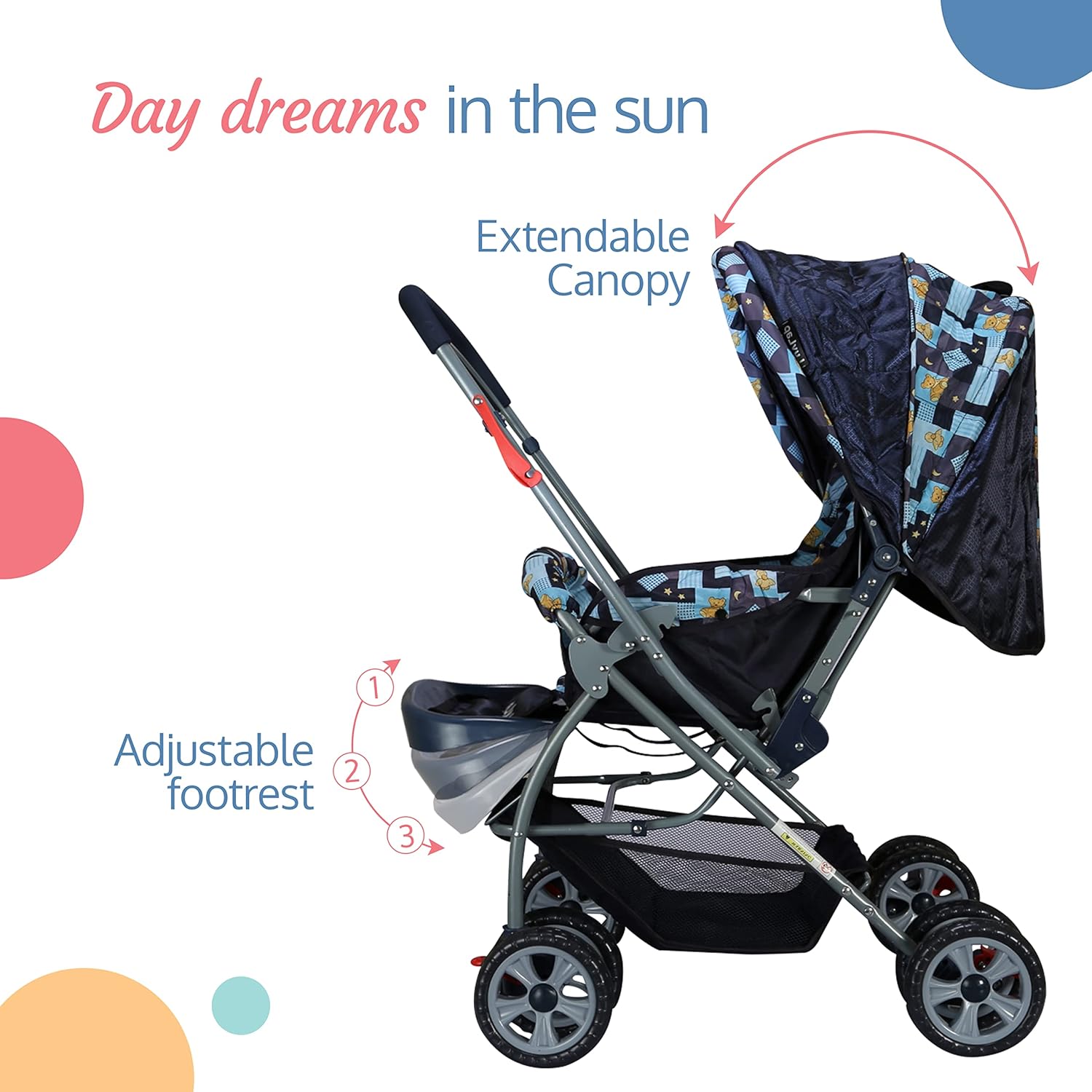 Black LuvLap Starshine baby pram with an adjustable canopy for sun protection, comfortable padded seating, and convenient storage, ideal for everyday use. www.usmile.toys