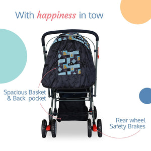 Black LuvLap Starshine baby pram with an adjustable canopy for sun protection, comfortable padded seating, and convenient storage, ideal for everyday use. www.usmile.toys