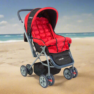 Black LuvLap Starshine baby pram with an adjustable canopy for sun protection, comfortable padded seating, and convenient storage, ideal for everyday use. www.usmile.toys