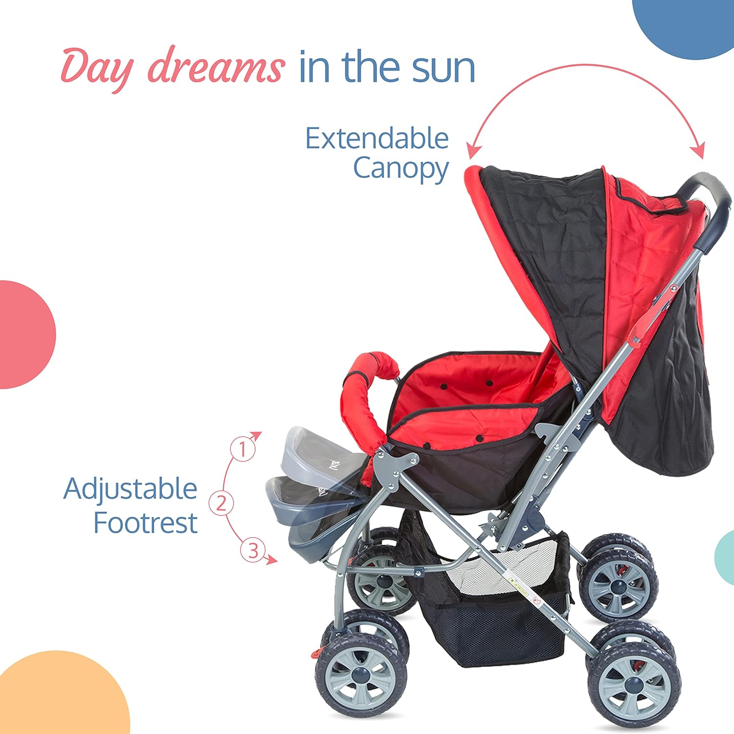 Black LuvLap Starshine baby pram with an adjustable canopy for sun protection, comfortable padded seating, and convenient storage, ideal for everyday use. www.usmile.toys