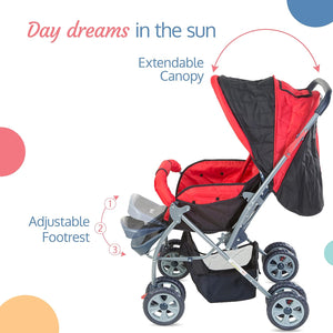 Black LuvLap Starshine baby pram with an adjustable canopy for sun protection, comfortable padded seating, and convenient storage, ideal for everyday use. www.usmile.toys