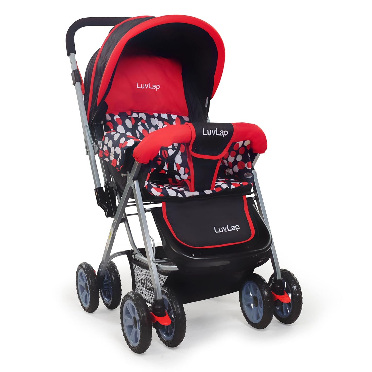 LuvLap Sunshine Baby Stroller in red and black with a playful polka dot print, featuring a 5-point safety harness, adjustable canopy, and storage basket. Secure and comfortable pram for infants and toddlers on usmile.toys. www.usmile.toys