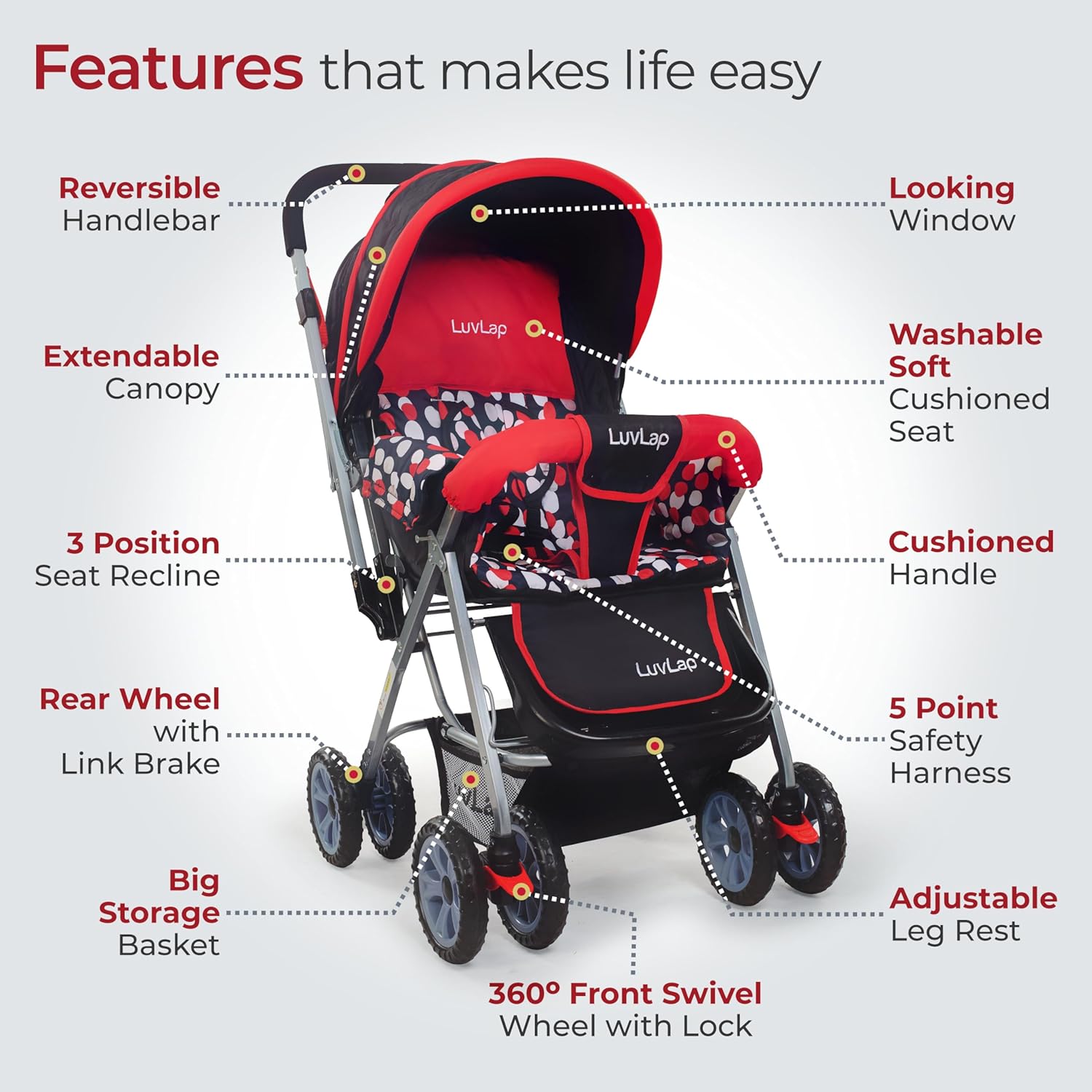 LuvLap Sunshine Baby Stroller in red and black with a playful polka dot print, featuring a 5-point safety harness, adjustable canopy, and storage basket. Secure and comfortable pram for infants and toddlers on usmile.toys. www.usmile.toys