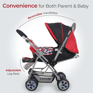 LuvLap Sunshine Baby Stroller in red and black with a playful polka dot print, featuring a 5-point safety harness, adjustable canopy, and storage basket. Secure and comfortable pram for infants and toddlers on usmile.toys. www.usmile.toys
