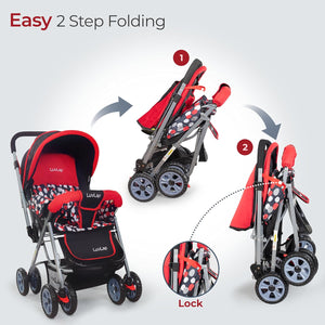 LuvLap Sunshine baby stroller in a vibrant red and black design with polka dots, equipped with a 5-point safety harness for child security and an overhead canopy. www.usmile.toys