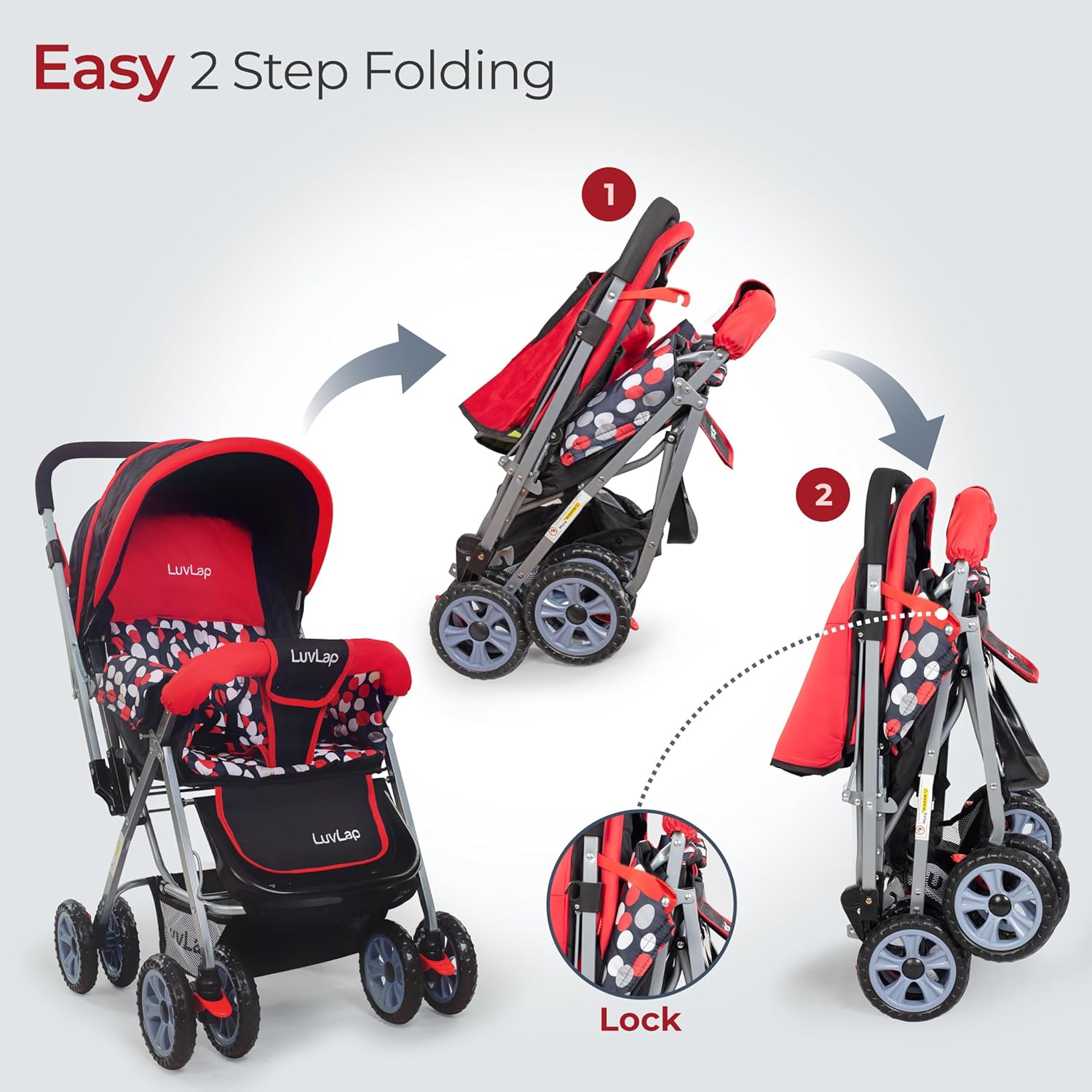 LuvLap Sunshine baby stroller in a vibrant red and black design with polka dots, equipped with a 5-point safety harness for child security and an overhead canopy. www.usmile.toys