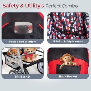 LuvLap Sunshine baby stroller in a vibrant red and black design with polka dots, equipped with a 5-point safety harness for child security and an overhead canopy. www.usmile.toys