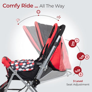 LuvLap Sunshine baby stroller in a vibrant red and black design with polka dots, equipped with a 5-point safety harness for child security and an overhead canopy. www.usmile.toys