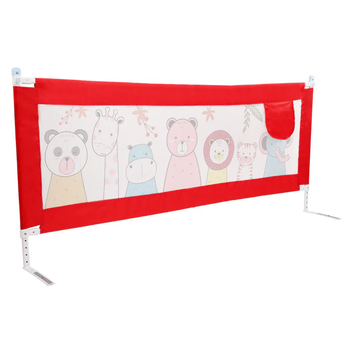 Red Luvlap Comfy Bed Rail Guard with white mesh featuring cute cartoon animals like a panda, giraffe, hippo, bear, lion, tiger, and elephant. Adjustable and designed for child safety. From uSmile.toys." www.usmile,.toys
