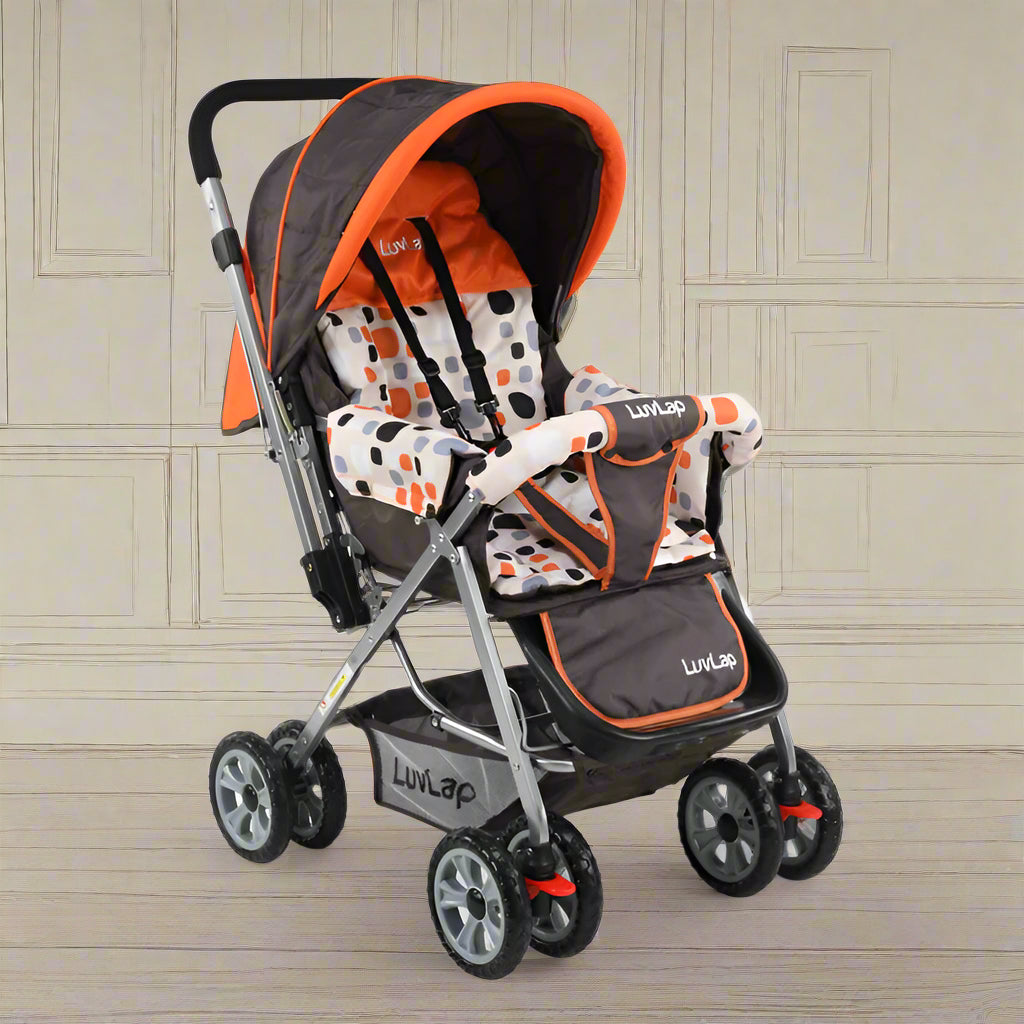 Bright and cheerful Luvlap Baby Stroller in a sunshine orange and grey color scheme, featuring a patterned seat, adjustable canopy, and sturdy frame. Ideal for comfortable and safe child outings. From uSmile.toys." www.usmile.toys