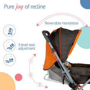 Bright and cheerful Luvlap Baby Stroller in a sunshine orange and grey color scheme, featuring a patterned seat, adjustable canopy, and sturdy frame. Ideal for comfortable and safe child outings. From uSmile.toys." www.usmile.toys