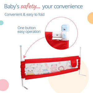 Red Luvlap Comfy Bed Rail Guard with white mesh featuring cute cartoon animals like a panda, giraffe, hippo, bear, lion, tiger, and elephant. Adjustable and designed for child safety. From uSmile.toys." www.usmile,.toys