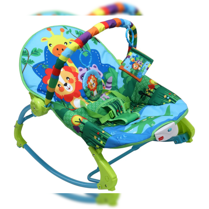 Colorful Luvlap Jungle Tales Toddler Rocker and Bouncer in shades of green and blue, featuring friendly jungle animals like a giraffe and lion. Includes a toy bar and safety harness, perfect for infant playtime. From uSmile.toys." www.usmile.toys