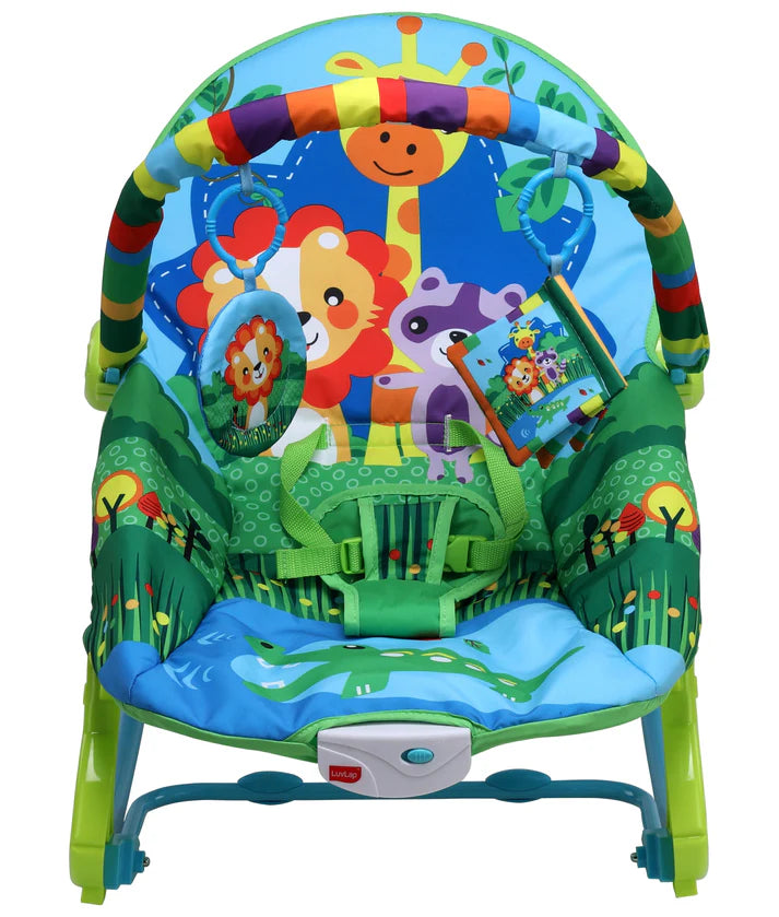 Colorful Luvlap Jungle Tales Toddler Rocker and Bouncer in shades of green and blue, featuring friendly jungle animals like a giraffe and lion. Includes a toy bar and safety harness, perfect for infant playtime. From uSmile.toys.