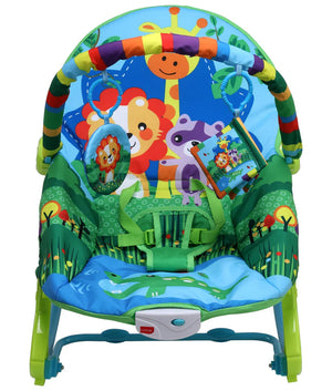 Colorful Luvlap Jungle Tales Toddler Rocker and Bouncer in shades of green and blue, featuring friendly jungle animals like a giraffe and lion. Includes a toy bar and safety harness, perfect for infant playtime. From uSmile.toys." www.usmile.toys 