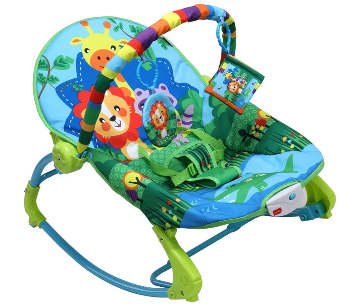 Colorful Luvlap Jungle Tales Toddler Rocker and Bouncer in shades of green and blue, featuring friendly jungle animals like a giraffe and lion. Includes a toy bar and safety harness, perfect for infant playtime. From uSmile.toys." www.usmile.toys