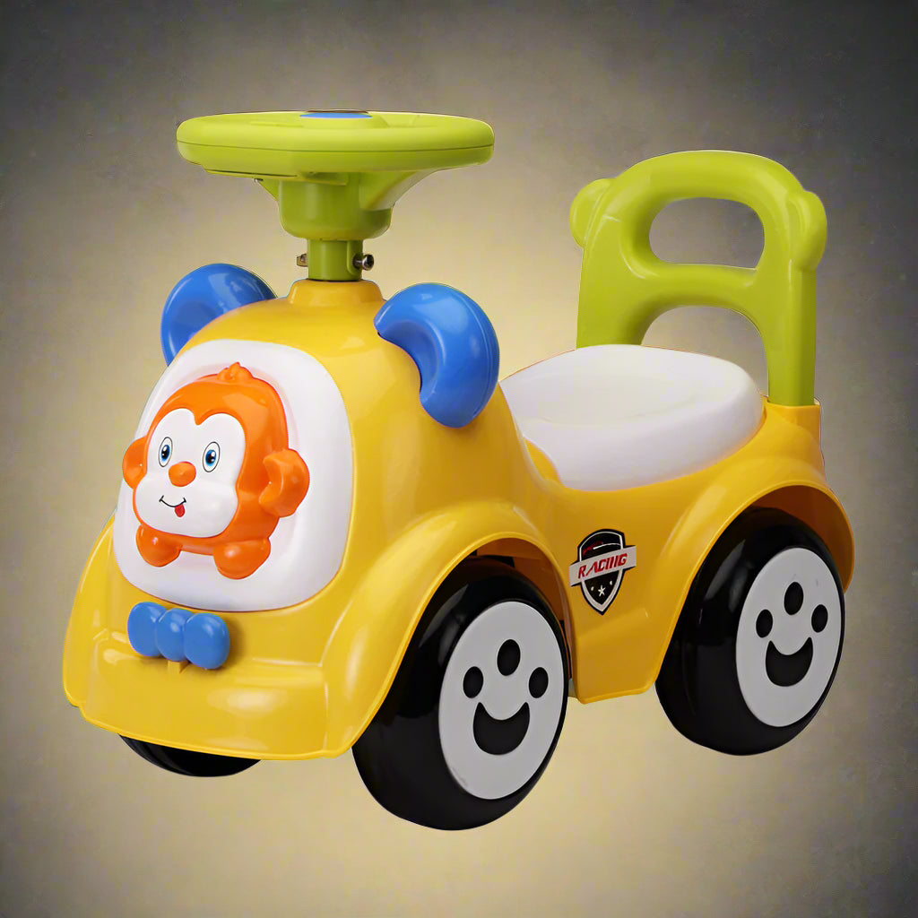 "Bright yellow Luvlap Sunny Ride-on toy car with blue accents, a green steering wheel, a white seat, and a cute orange monkey design on the front. Designed for babies aged 1 to 3 years. From uSmile.toys." www.usmile.toys
