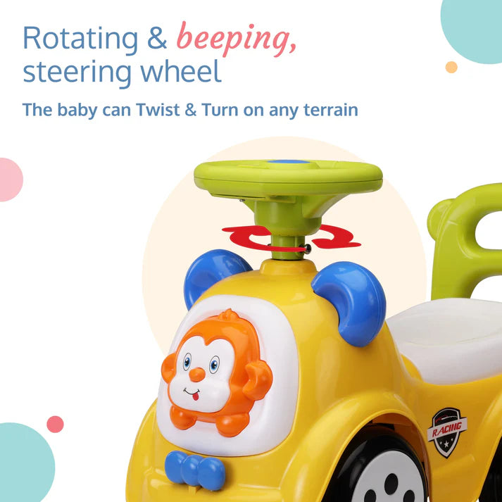 "Bright yellow Luvlap Sunny Ride-on toy car with blue accents, a green steering wheel, a white seat, and a cute orange monkey design on the front. Designed for babies aged 1 to 3 years. From uSmile.toys." www.usmile.toys