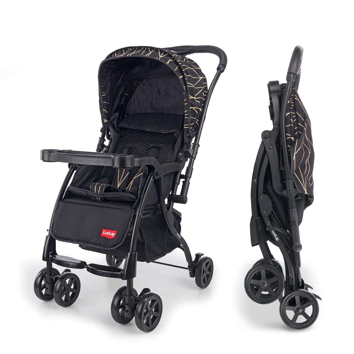 LuvLap Sunshine Plus Baby Stroller in black with a modern gold abstract pattern, shown unfolded with a child tray and canopy, and compactly folded for travel. Lightweight and portable pram for infants and toddlers on usmile.toys. www.usmile.toys