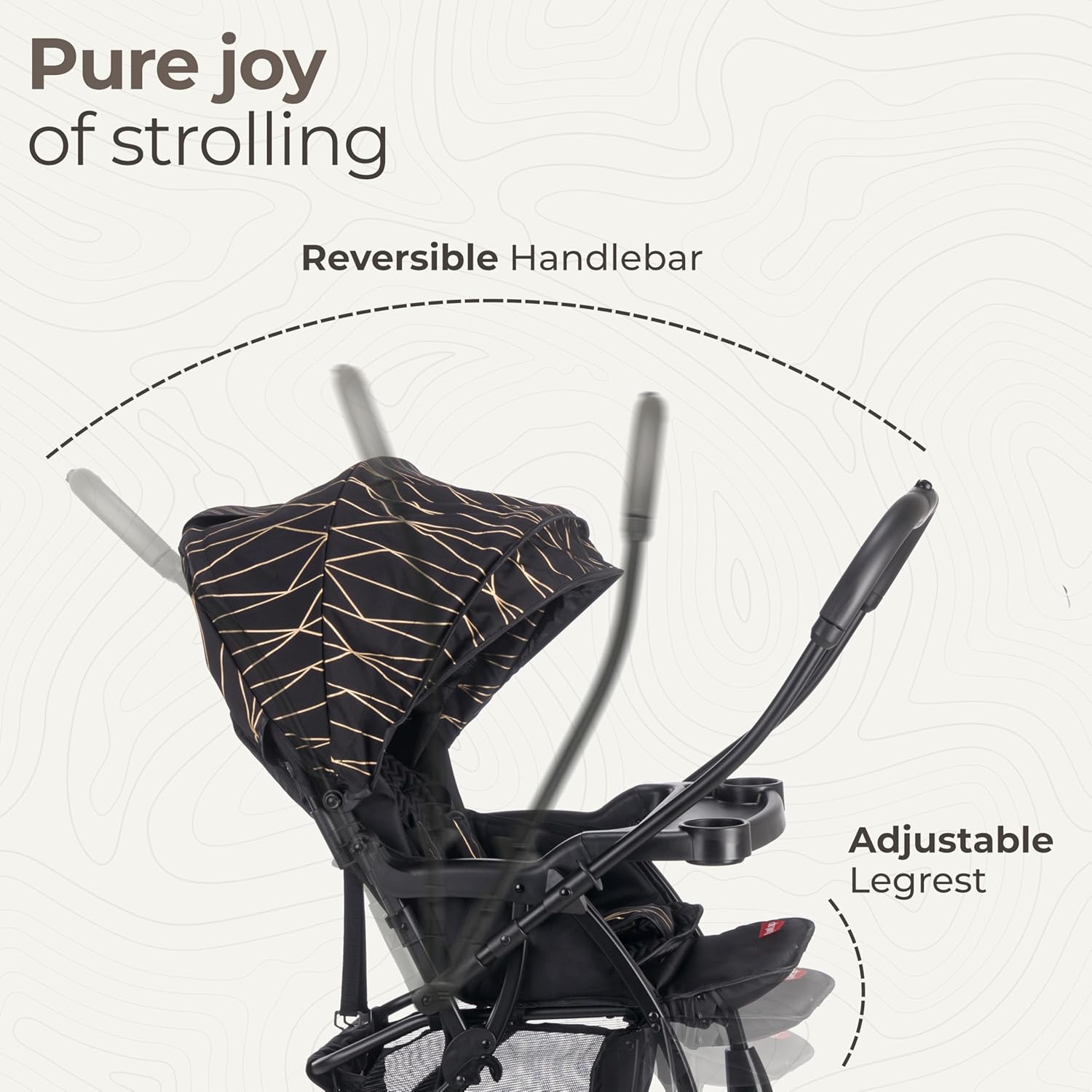 LuvLap Sunshine Plus Baby Stroller in black with a modern gold abstract pattern, shown unfolded with a child tray and canopy, and compactly folded for travel. Lightweight and portable pram for infants and toddlers on usmile.toys. www.usmile.toys