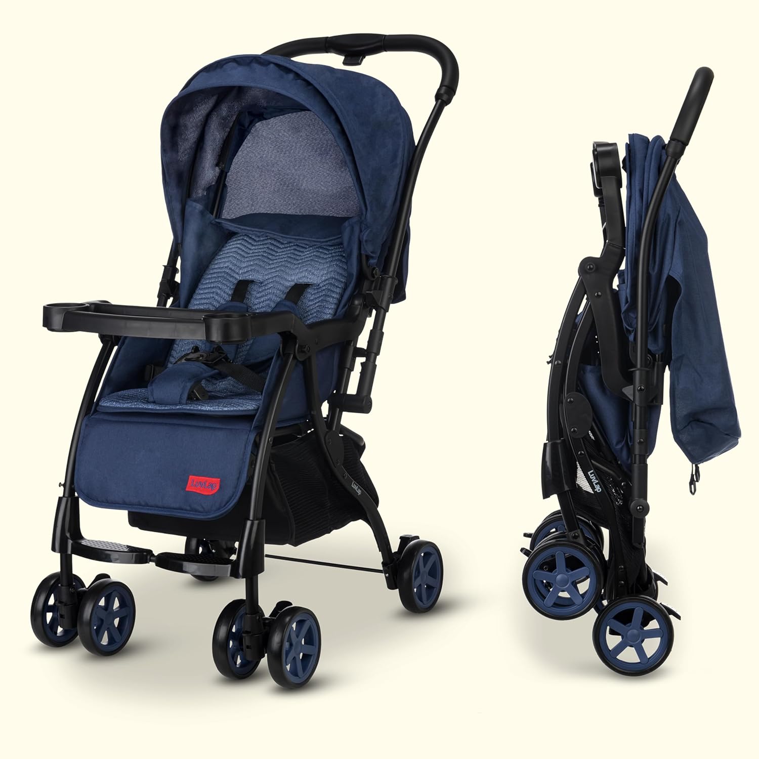 LuvLap Sunshine Plus Baby Stroller in blue, shown both unfolded with canopy and tray, and compactly folded for travel. Ideal lightweight and portable pram for infants and toddlers on usmile.toys. www.usmile.toys