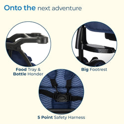 Blue LuvLap Sunshine Plus foldable stroller for babies, featuring a compact design, adjustable canopy, and removable feeding tray. Perfect for travel and easy storage. www.usmile.toys