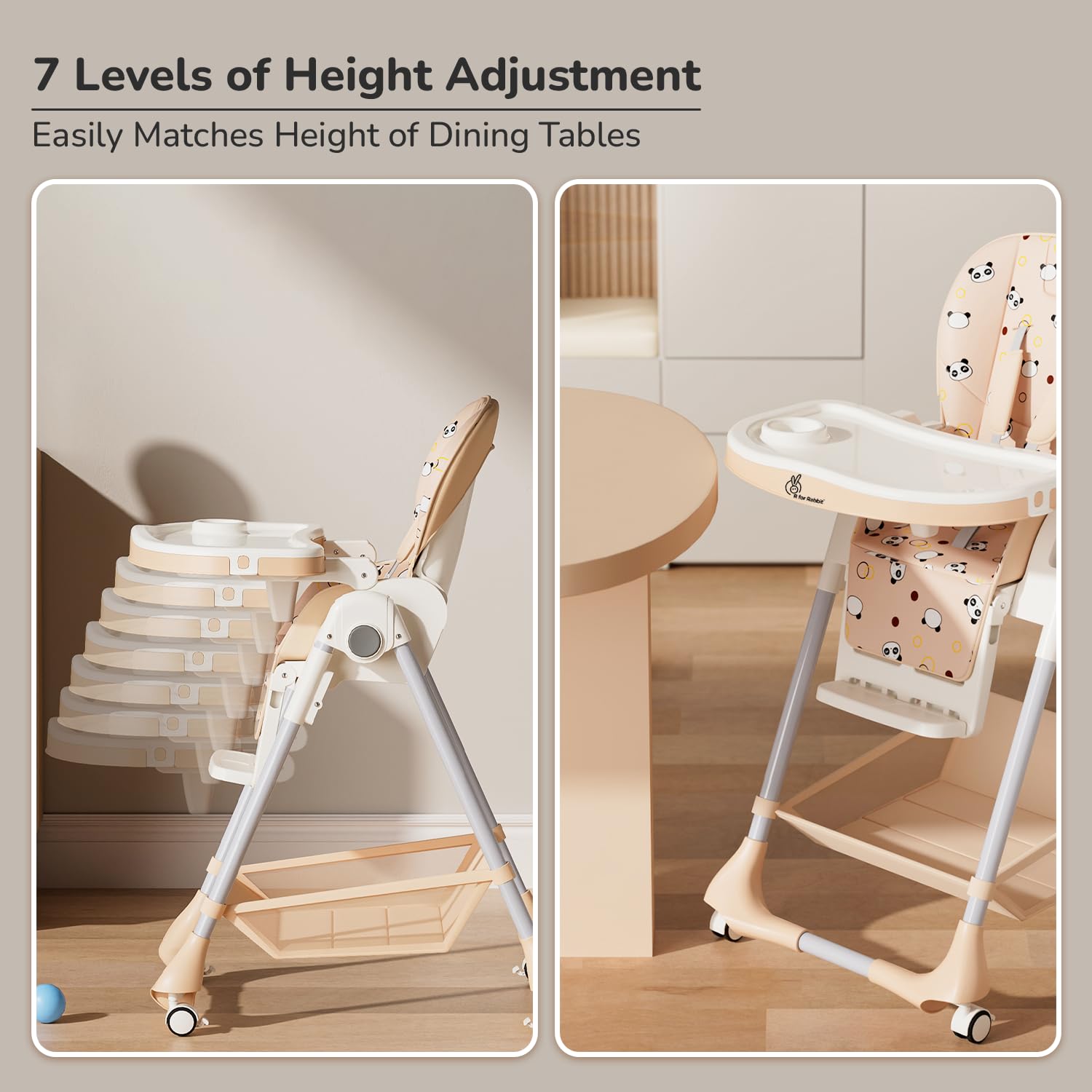  Marshmallow Lite Baby Feeding High Chair for babies, adjustable to 6 levels, with a cute bear design on the backrest and a removable tray. Ideal for baby feeding time on usmile.toys. www.usmile.toys