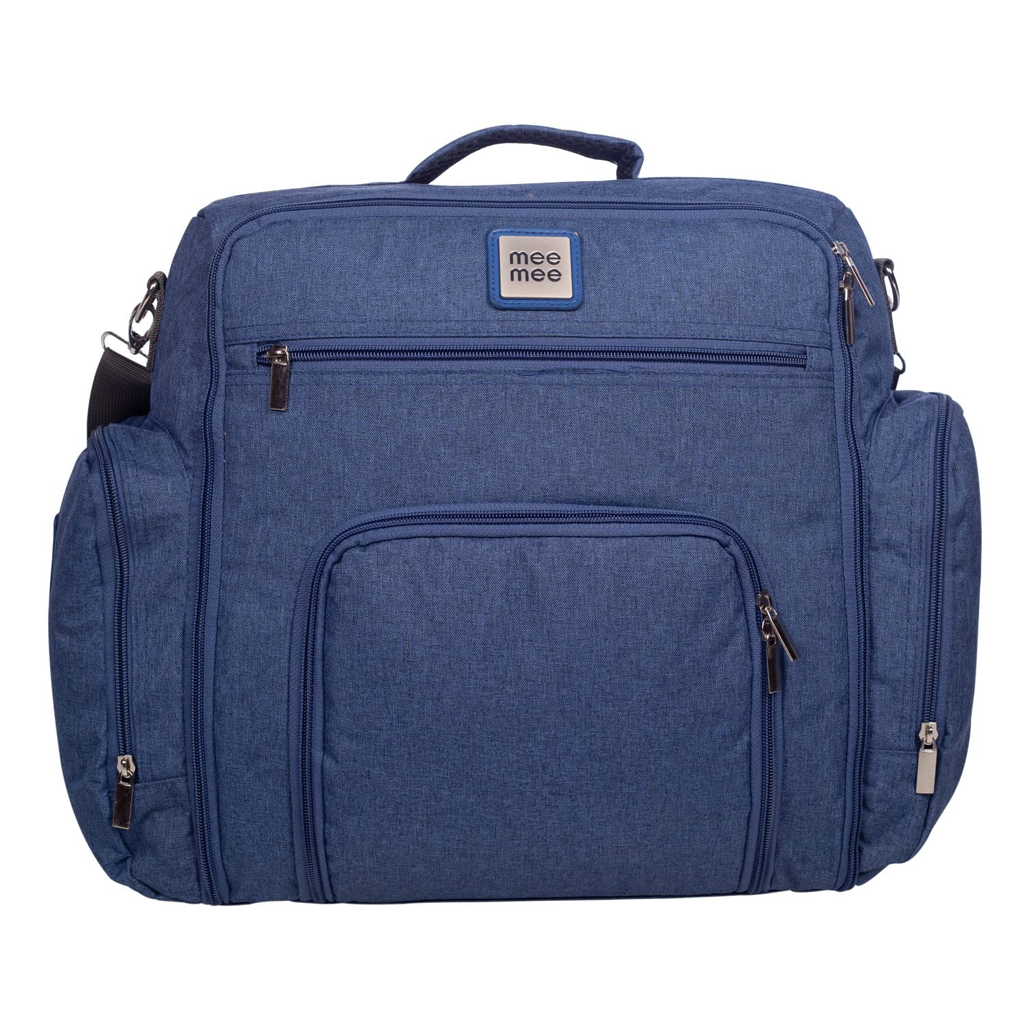Spacious blue Mee Mee diaper bag with multiple zippered pockets, padded handles, and an adjustable shoulder strap for parents. www.usmile.toys