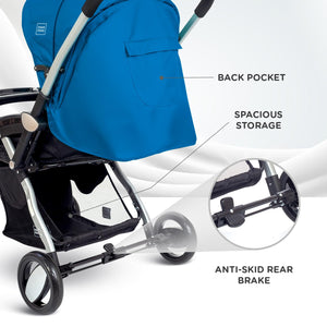 Teal and black modern baby stroller with silver frame, large wheels, and front tray, positioned indoors on a wooden floor. www.usmile.toys
