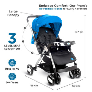 Teal and black modern baby stroller with silver frame, large wheels, and front tray, positioned indoors on a wooden floor. www.usmile.toys