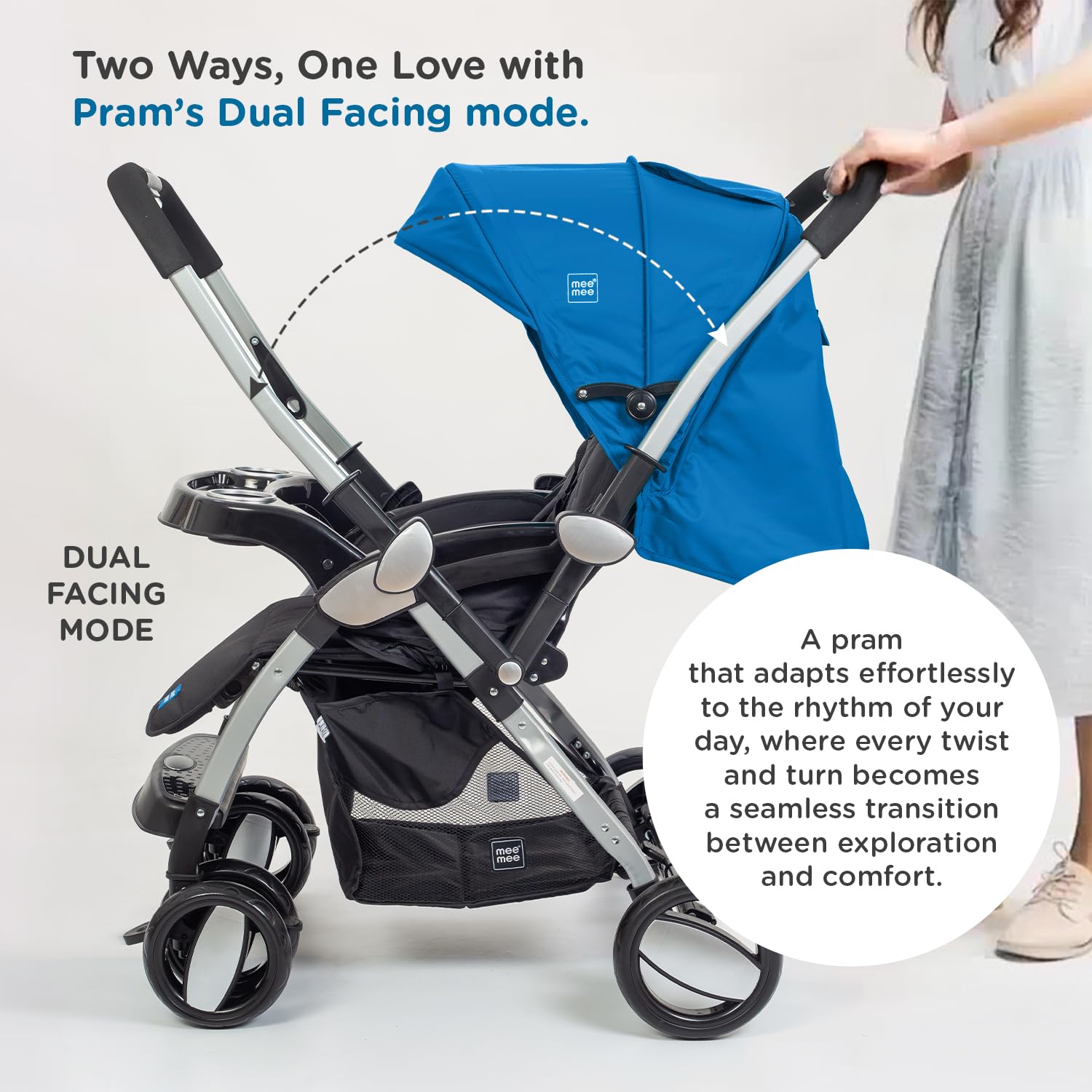 Teal and black modern baby stroller with silver frame, large wheels, and front tray, positioned indoors on a wooden floor. www.usmile.toys