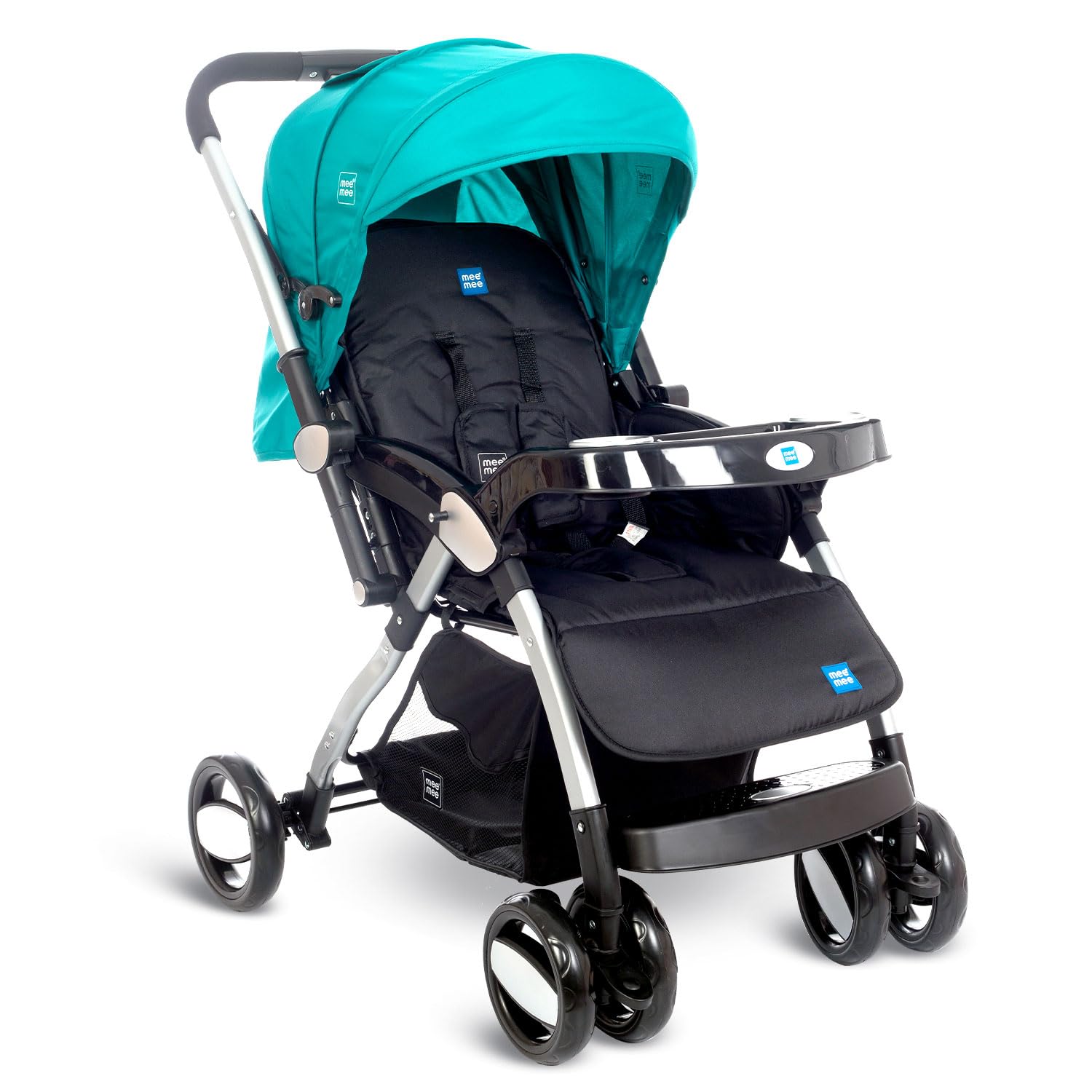 Luxury baby pram in teal and black, featuring a reversible handle, multi-position recline, and storage basket. www.usmile.toys