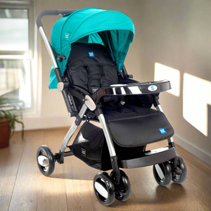 Luxury baby pram in teal and black, featuring a reversible handle, multi-position recline, and storage basket. www.usmile.toys