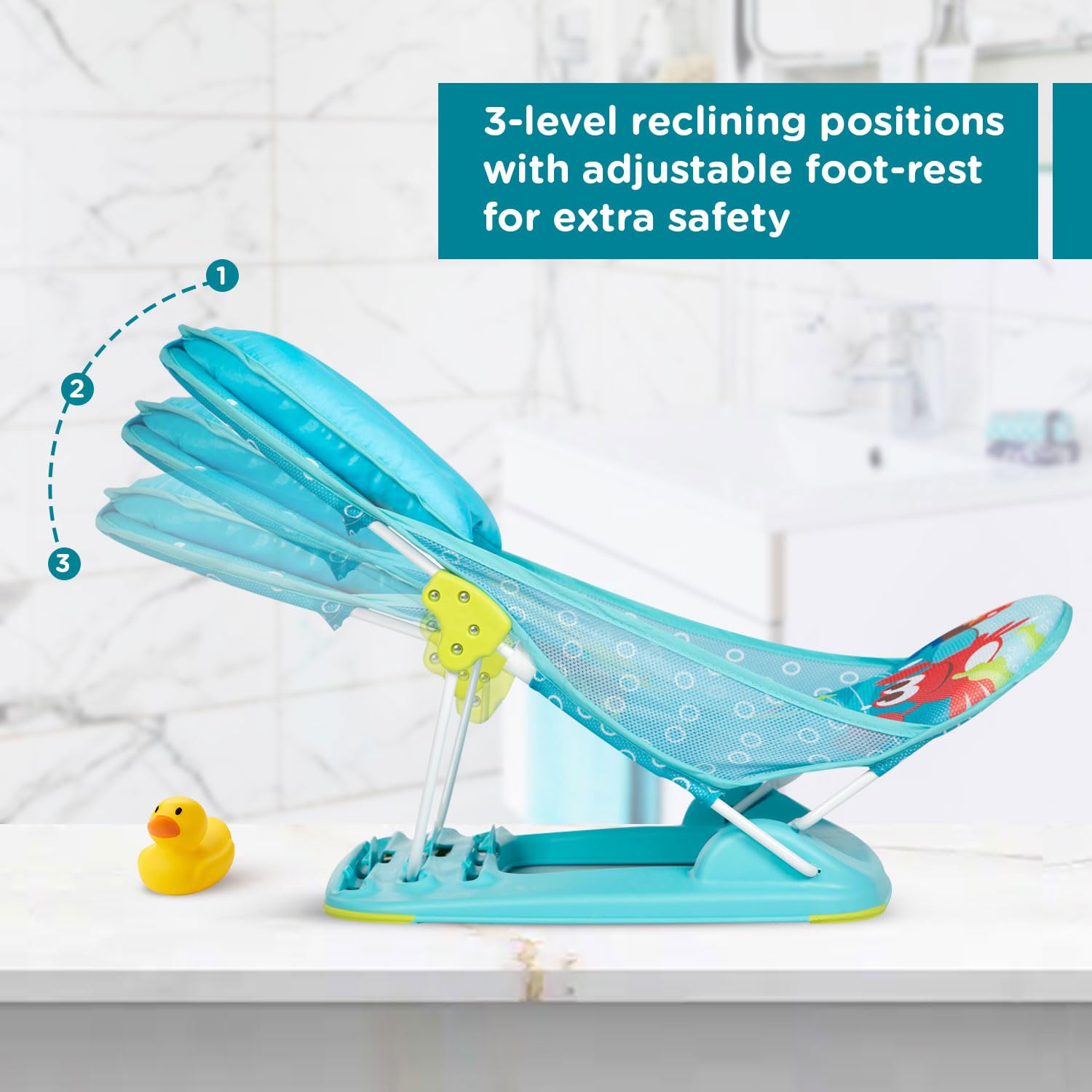 Adjustable Mee Mee baby bath seat with breathable mesh and anti-skid base, featuring a cute green turtle design for infants. www.usmile.toys