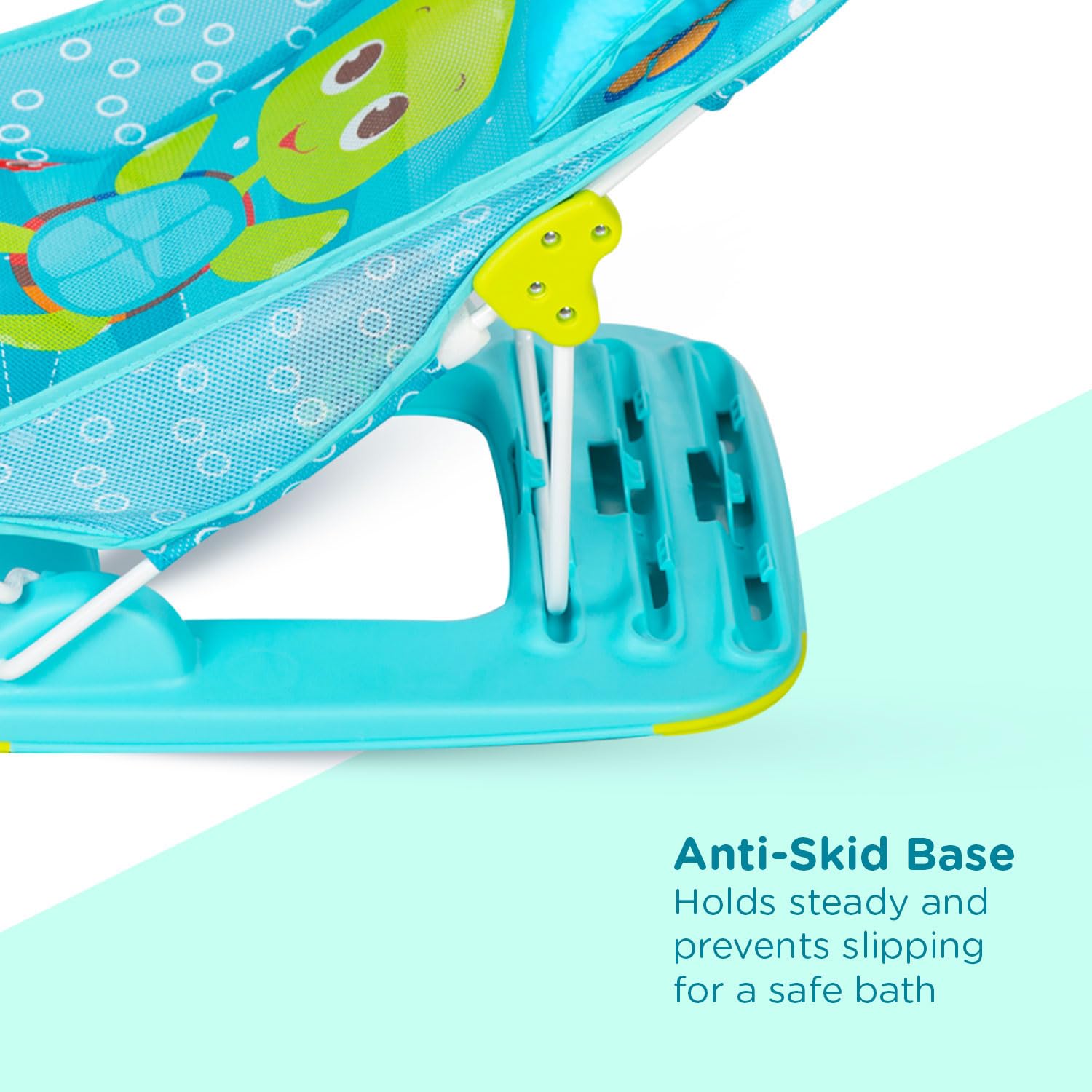 Safe and comfortable baby bathing chair for newborns, making bath time easy and fun with a vibrant turtle design. www.usmile.toys