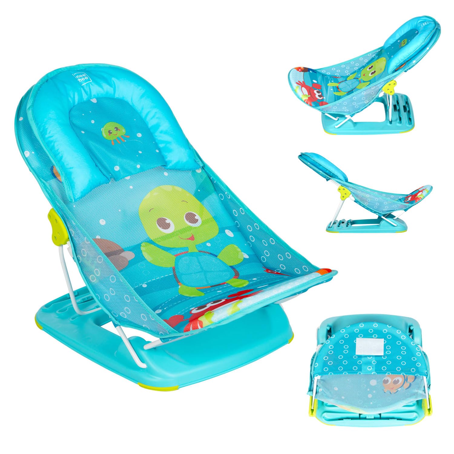 Safe and comfortable baby bathing chair for newborns, making bath time easy and fun with a vibrant turtle design. www.usmile.toys