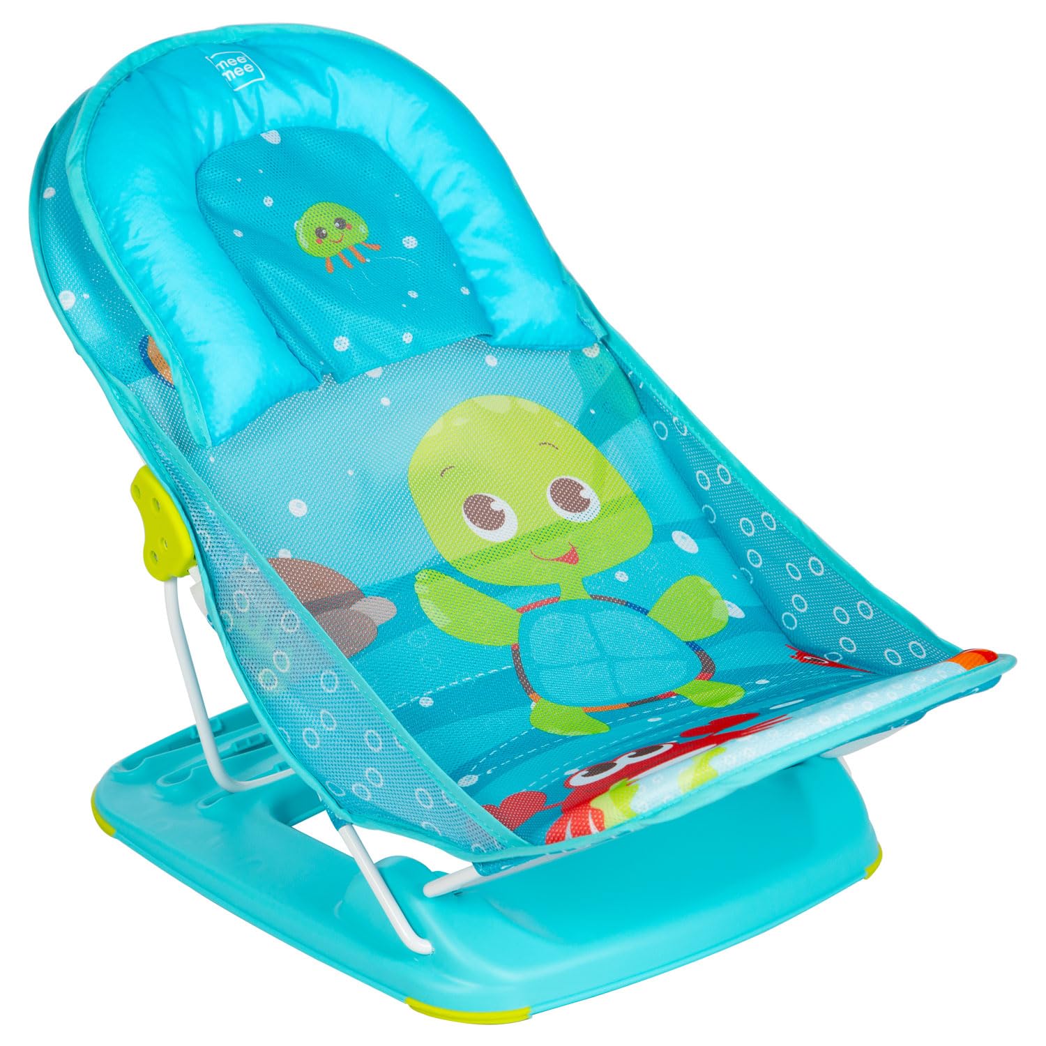 Adjustable Mee Mee baby bath seat with breathable mesh and anti-skid base, featuring a cute green turtle design for infants. www.usmile.toys