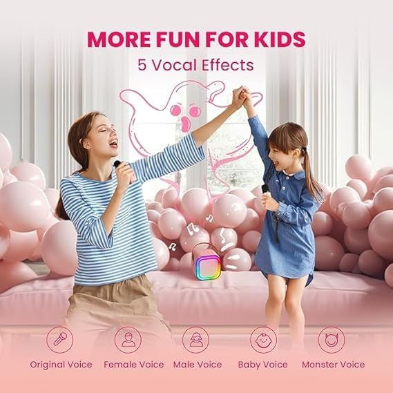 Kids' mini karaoke system with a white square LED Bluetooth speaker and a small matching handheld microphone for singing. www.usmile.toys www.usmile.toys