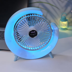 "Usmile Toys modern mini fan: a sleek, crescent moon-shaped desk fan with built-in LED lighting, providing powerful airflow for home or office."